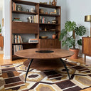 Round Double Tier Walnut Coffee Table, Radial Wood Grain Round Center Table with Storage Shelf, Modern Living Room Accent Table