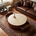 Round Travertine Top Coffee Table, Walnut Frame Storage Coffee Table with Sliding Hidden Drawers, Modern Circular Drum Living Room Center Table