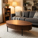 Oval Walnut Lift Top Coffee Table with Hidden Storage, Modern Liftable Wooden Center Table with Black Metal Legs