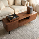 Solid Walnut Rounded TV Stand, Mid Century Media Console with 2 Cabinets, Central Drawer & Open Compartment, Black Tapered Legs Television Cabinet