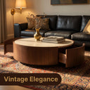 Round Travertine Top Coffee Table, Walnut Frame Storage Coffee Table with Sliding Hidden Drawers, Modern Circular Drum Living Room Center Table