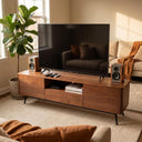 Solid Walnut Rounded TV Stand, Mid Century Media Console with 2 Cabinets, Central Drawer & Open Compartment, Black Tapered Legs Television Cabinet