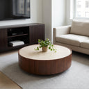 Round Travertine Top Coffee Table, Walnut Frame Storage Coffee Table with Sliding Hidden Drawers, Modern Circular Drum Living Room Center Table