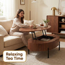Oval Walnut Lift Top Coffee Table with Hidden Storage, Modern Liftable Wooden Center Table with Black Metal Legs