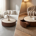Round Travertine Top Coffee Table, Walnut Frame Storage Coffee Table with Sliding Hidden Drawers, Modern Circular Drum Living Room Center Table