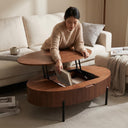 Oval Walnut Lift Top Coffee Table with Hidden Storage, Modern Liftable Wooden Center Table with Black Metal Legs