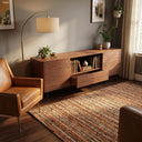 Solid Walnut Rounded TV Stand, Mid Century Media Console with 2 Cabinets, Central Drawer & Open Compartment, Black Tapered Legs Television Cabinet