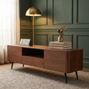Solid Walnut Rounded TV Stand, Mid Century Media Console with 2 Cabinets, Central Drawer & Open Compartment, Black Tapered Legs Television Cabinet