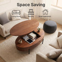 Oval Walnut Lift Top Coffee Table with Hidden Storage, Modern Liftable Wooden Center Table with Black Metal Legs