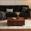 Square Walnut Storage Coffee Table, Low Profile Solid Wood Box Coffee Table with 2 Hidden Drawers, Herringbone Veneer Top Rounded Edge Living Room Center Table