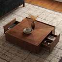 Square Walnut Storage Coffee Table, Low Profile Solid Wood Box Coffee Table with 2 Hidden Drawers, Herringbone Veneer Top Rounded Edge Living Room Center Table