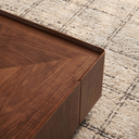 Square Walnut Storage Coffee Table, Low Profile Solid Wood Box Coffee Table with 2 Hidden Drawers, Herringbone Veneer Top Rounded Edge Living Room Center Table