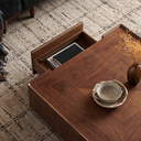Square Walnut Storage Coffee Table, Low Profile Solid Wood Box Coffee Table with 2 Hidden Drawers, Herringbone Veneer Top Rounded Edge Living Room Center Table