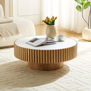 35.4" Fluted Drum Round Coffee Table, Sintered Stone Top Ribbed Wood Pedestal Center Table, Modern Luxury Cylinder Accent Table for Living Room & Apartment