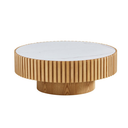 35.4" Fluted Drum Round Coffee Table, Sintered Stone Top Ribbed Wood Pedestal Center Table, Modern Luxury Cylinder Accent Table for Living Room & Apartment