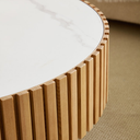 35.4" Fluted Drum Round Coffee Table, Sintered Stone Top Ribbed Wood Pedestal Center Table, Modern Luxury Cylinder Accent Table for Living Room & Apartment