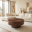 Round Solid Wood Coffee Table, Modern Low Profile Cylinder Base Center Table, Walnut Finish Circular Accent Table for Living Room Minimalist Home Decor