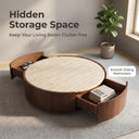Round Travertine Top Coffee Table, Walnut Frame Storage Coffee Table with Sliding Hidden Drawers, Modern Circular Drum Living Room Center Table