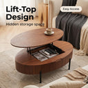 Oval Walnut Lift Top Coffee Table with Hidden Storage, Modern Liftable Wooden Center Table with Black Metal Legs