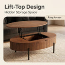 Oval Walnut Lift Top Coffee Table with Hidden Storage, Modern Liftable Wooden Center Table with Black Metal Legs