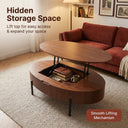 Oval Walnut Lift Top Coffee Table with Hidden Storage, Modern Liftable Wooden Center Table with Black Metal Legs