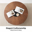 Round Double Tier Walnut Coffee Table, Radial Wood Grain Round Center Table with Storage Shelf, Modern Living Room Accent Table