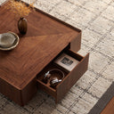 35-Inch Modern Square Coffee Table with Storage | Walnut Finish MDF Table | Dual Drawers Living Room Center Table