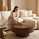 Round Solid Wood Coffee Table, Modern Low Profile Cylinder Base Center Table, Walnut Finish Circular Accent Table for Living Room Minimalist Home Decor