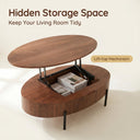Oval Walnut Lift Top Coffee Table with Hidden Storage, Modern Liftable Wooden Center Table with Black Metal Legs