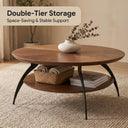 Round Double Tier Walnut Coffee Table, Radial Wood Grain Round Center Table with Storage Shelf, Modern Living Room Accent Table