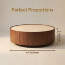 Round Travertine Top Coffee Table, Walnut Frame Storage Coffee Table with Sliding Hidden Drawers, Modern Circular Drum Living Room Center Table