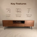 Solid Walnut Rounded TV Stand, Mid Century Media Console with 2 Cabinets, Central Drawer & Open Compartment, Black Tapered Legs Television Cabinet
