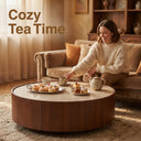Round Travertine Top Coffee Table, Walnut Frame Storage Coffee Table with Sliding Hidden Drawers, Modern Circular Drum Living Room Center Table