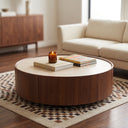 Round Travertine Top Coffee Table, Walnut Frame Storage Coffee Table with Sliding Hidden Drawers, Modern Circular Drum Living Room Center Table