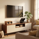 Walnut Ripple Door TV Stand with Storage, Mid Century Media Console Cabinet with Open Shelf & Drawer, Black Metal Legs Television Cabinet