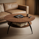 Round Double Tier Walnut Coffee Table, Radial Wood Grain Round Center Table with Storage Shelf, Modern Living Room Accent Table