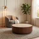 Round Travertine Top Coffee Table, Walnut Frame Storage Coffee Table with Sliding Hidden Drawers, Modern Circular Drum Living Room Center Table