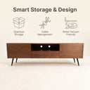 Solid Walnut Rounded TV Stand, Mid Century Media Console with 2 Cabinets, Central Drawer & Open Compartment, Black Tapered Legs Television Cabinet