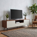 Walnut Ripple Door TV Stand with Storage, Mid Century Media Console Cabinet with Open Shelf & Drawer, Black Metal Legs Television Cabinet