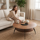 Round Double Tier Walnut Coffee Table, Radial Wood Grain Round Center Table with Storage Shelf, Modern Living Room Accent Table