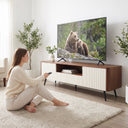 Walnut Ripple Door TV Stand with Storage, Mid Century Media Console Cabinet with Open Shelf & Drawer, Black Metal Legs Television Cabinet