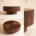 Fluted Round Walnut Coffee Table Curved Textured Solid Wood Side Table for Living Room