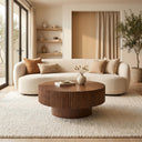 Fluted Round Walnut Coffee Table Curved Textured Solid Wood Side Table for Living Room
