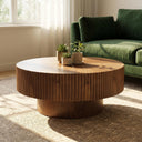 Fluted Round Walnut Coffee Table Curved Textured Solid Wood Side Table for Living Room