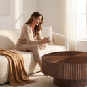 Fluted Round Walnut Coffee Table Curved Textured Solid Wood Side Table for Living Room