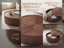 39.3-inch Modern Round Walnut Coffee Table, Solid Wood Drum Coffee Table with Hidden Storage, Mid-Century Living Room Accent Table
