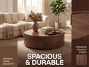 39.3-inch Modern Round Walnut Coffee Table, Solid Wood Drum Coffee Table with Hidden Storage, Mid-Century Living Room Accent Table