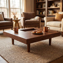 Square Walnut Coffee Table with Marble Inset Recessed Center Minimalist Low Profile Living Room Table