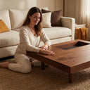 Square Walnut Coffee Table with Marble Inset Recessed Center Minimalist Low Profile Living Room Table