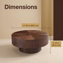Round Solid Wood Coffee Table, Modern Low Profile Cylinder Base Center Table, Walnut Finish Circular Accent Table for Living Room Minimalist Home Decor